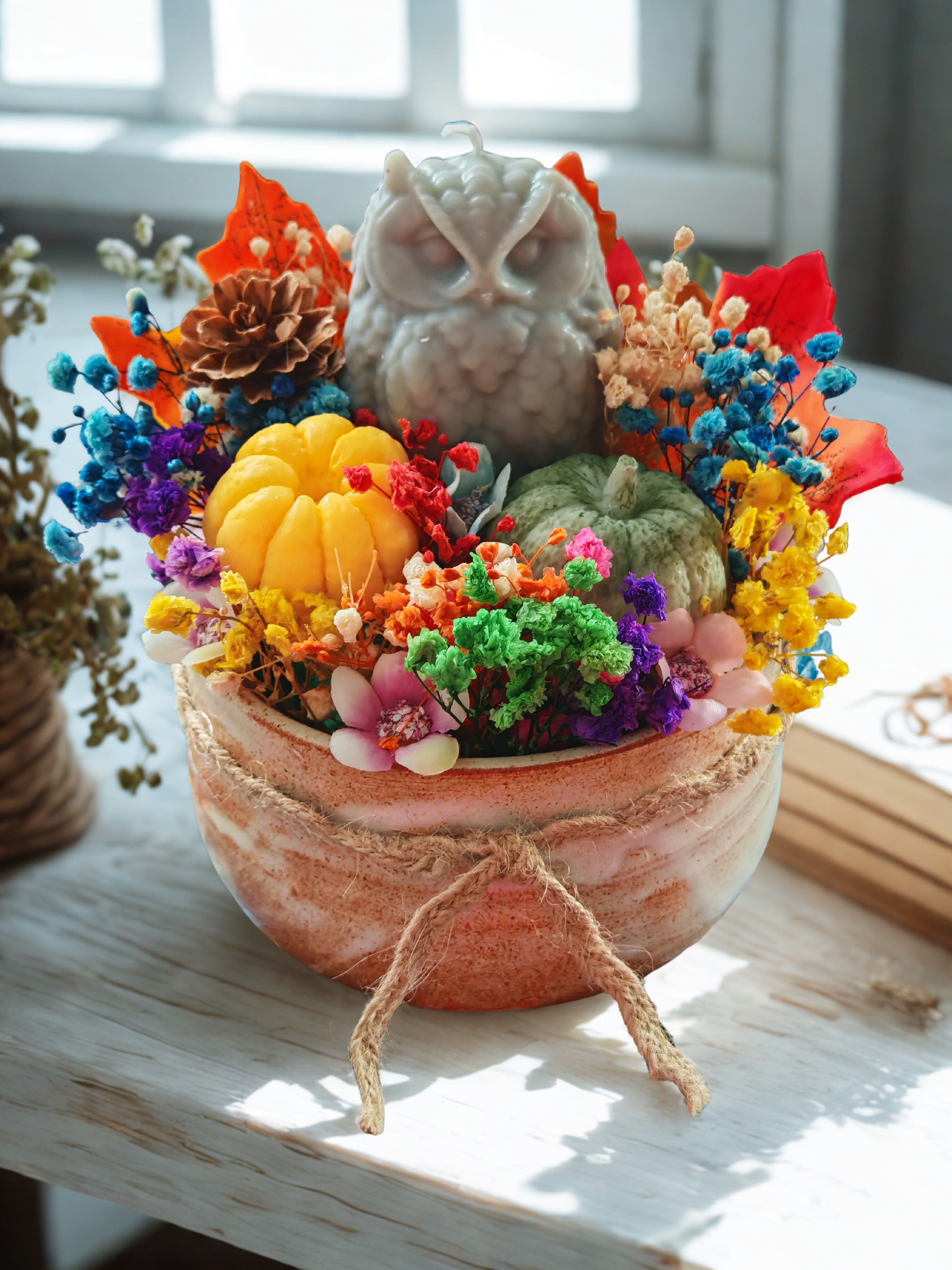 Autumn Owl Bouquet Candle in Ceramic Bowl