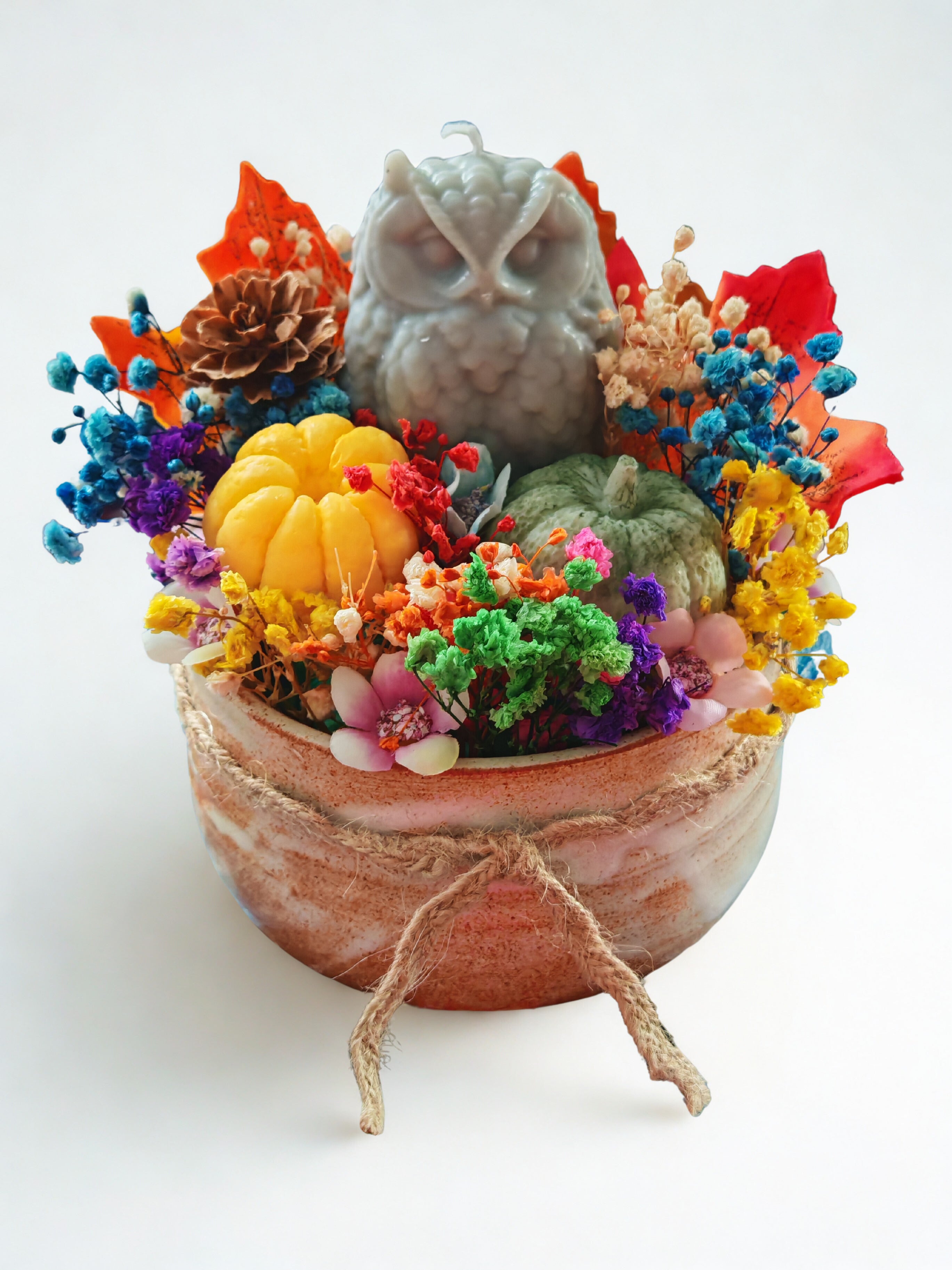 Autumn Owl Bouquet Candle in Ceramic Bowl