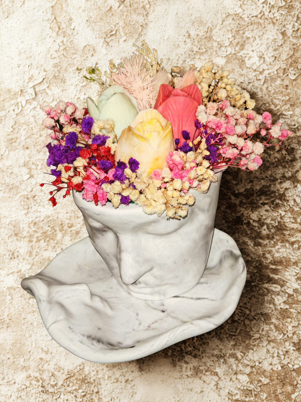 Artistic Marble Face Pot with Flowers & Shell Candle Set