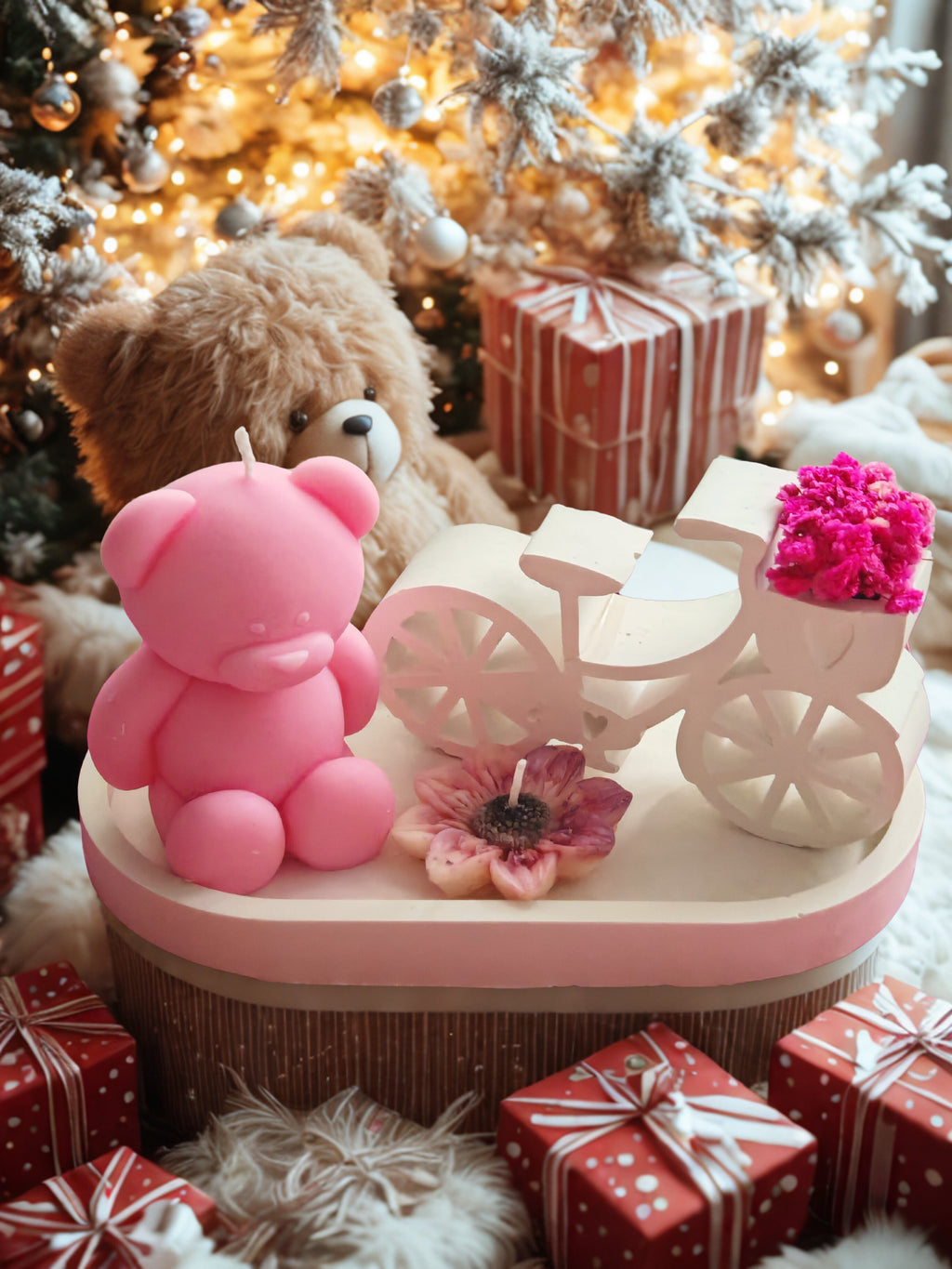 Gift Set "Teddy & Bicycle" - Handmade Soy Wax Candles and Ceramic Gypsum Decor