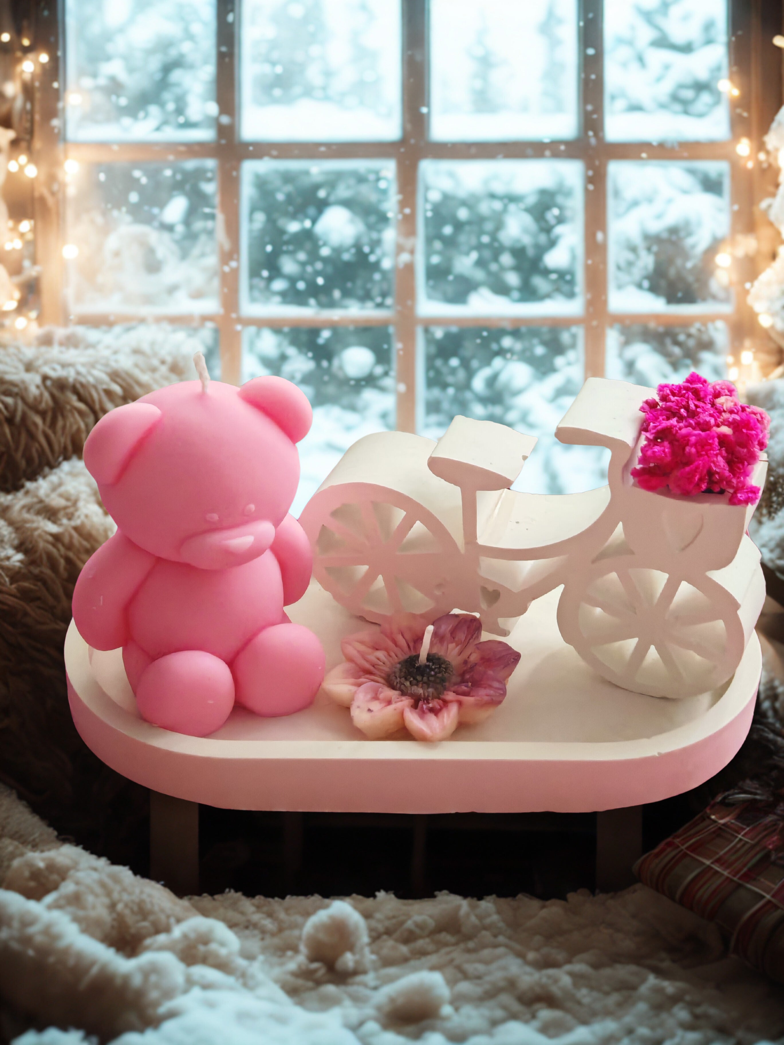 Gift Set "Teddy & Bicycle" - Handmade Soy Wax Candles and Ceramic Gypsum Decor