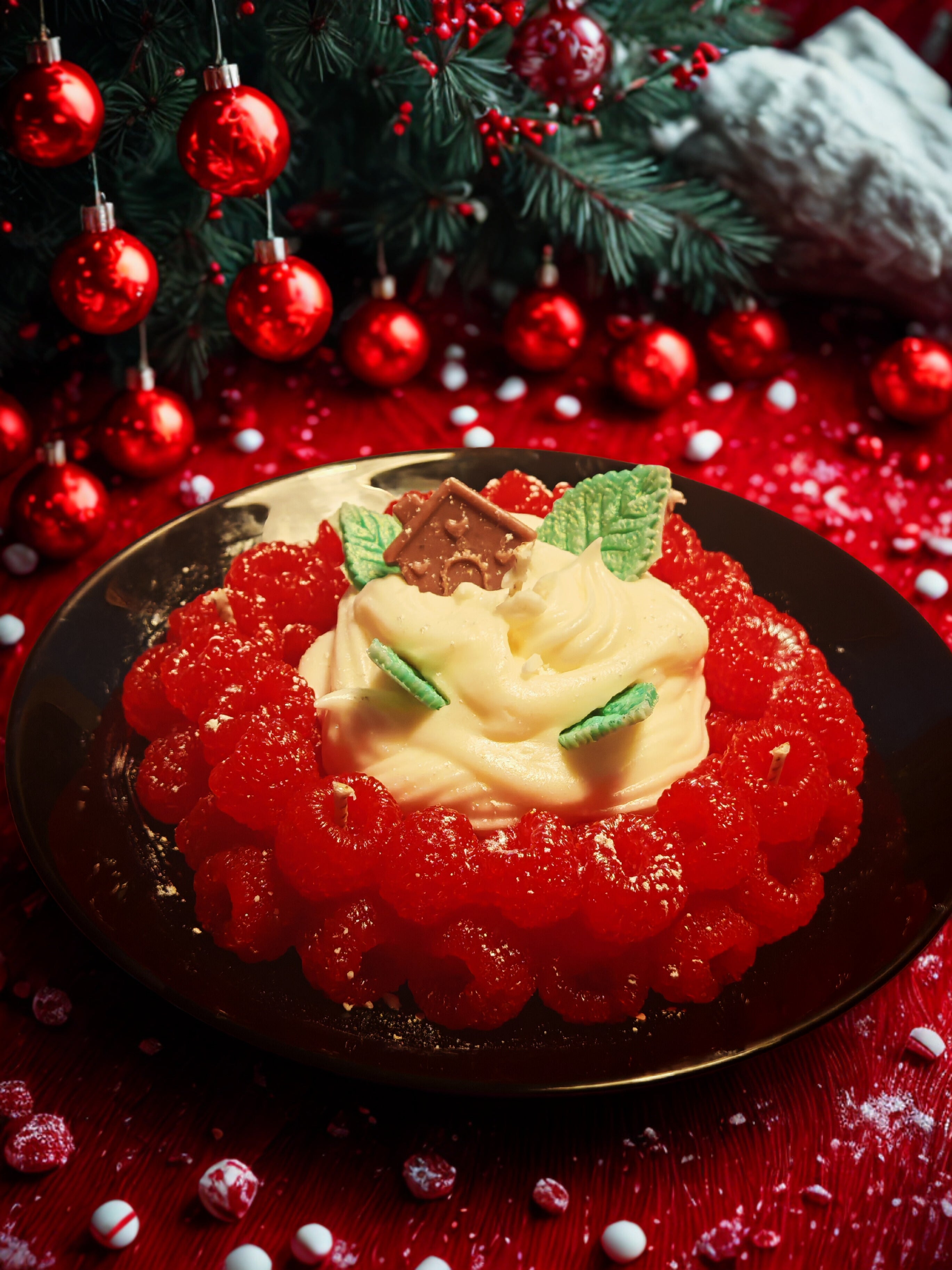 Christmas Raspberry Art Candle - Handmade Gel & Soy Wax Decoration