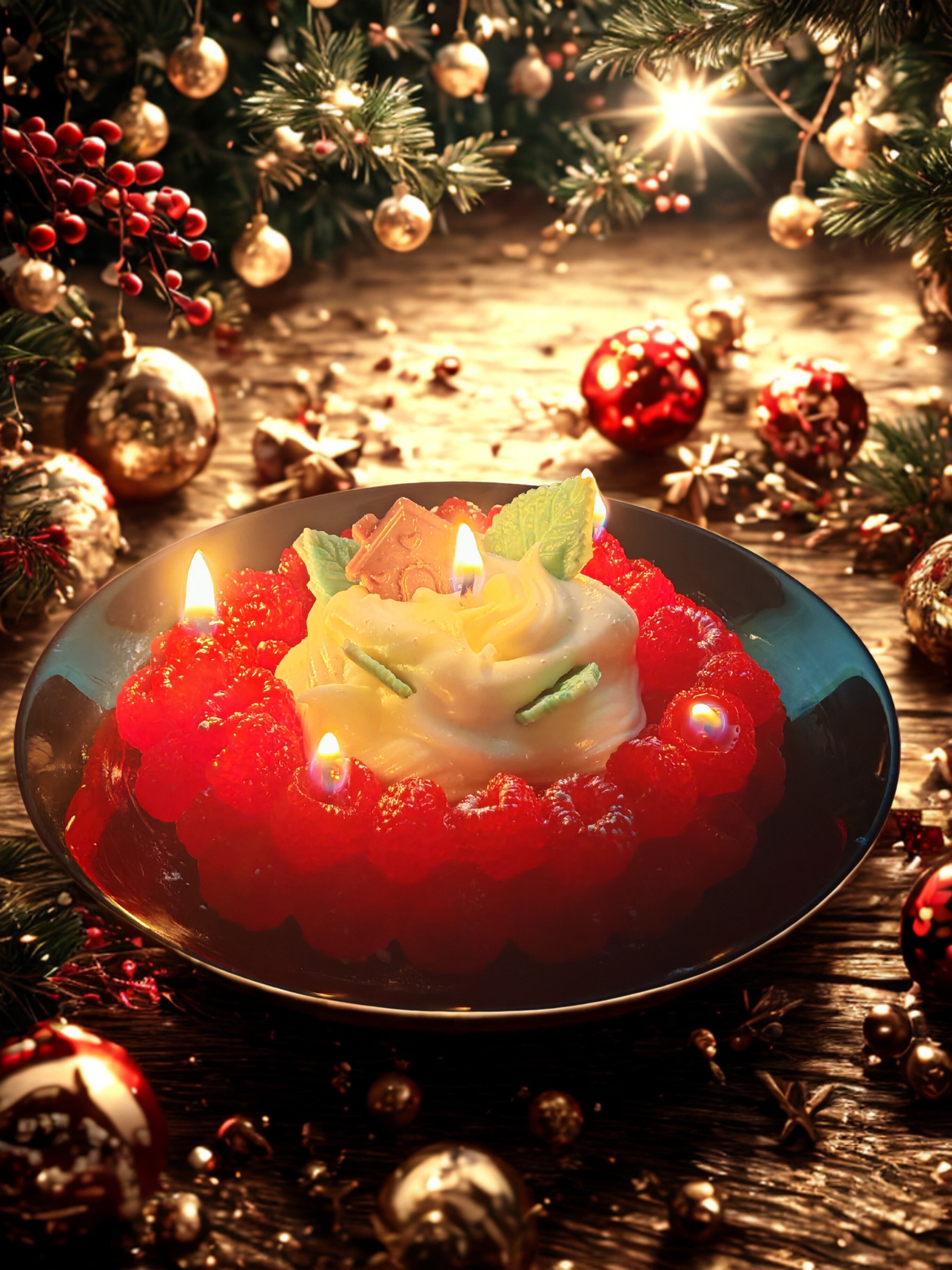 Christmas Raspberry Art Candle - Handmade Gel & Soy Wax Decoration