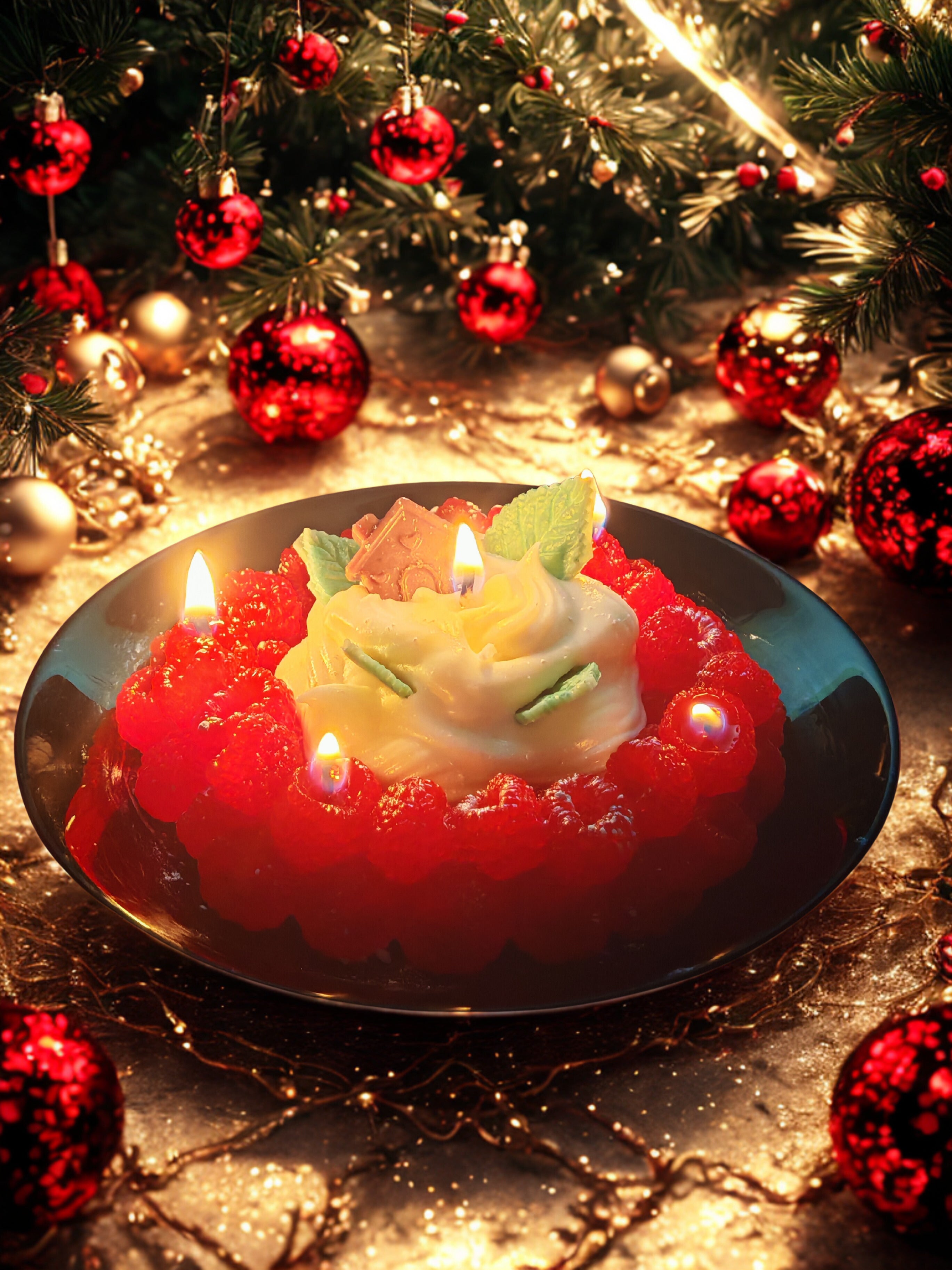 Christmas Raspberry Art Candle - Handmade Gel & Soy Wax Decoration