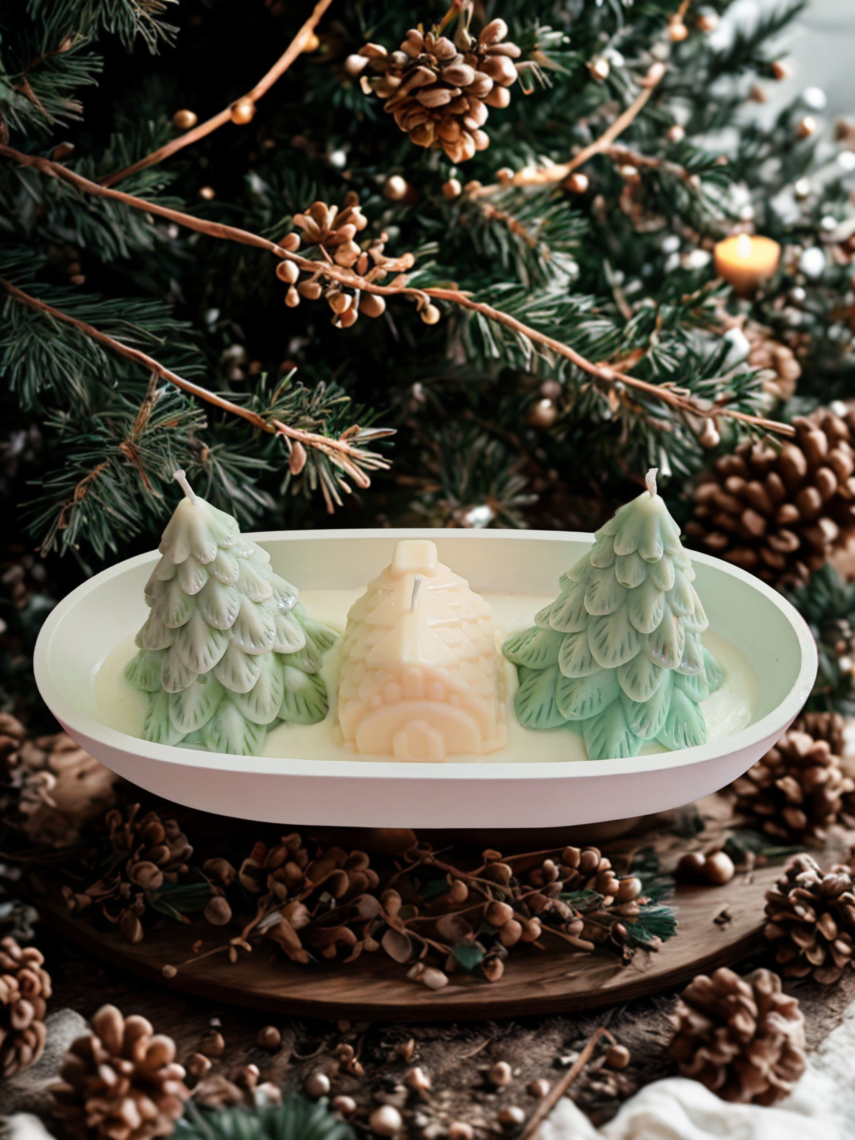 Christmas Village Candle Scene - Soy Wax Trees & Cottage in Ceramic Bowl