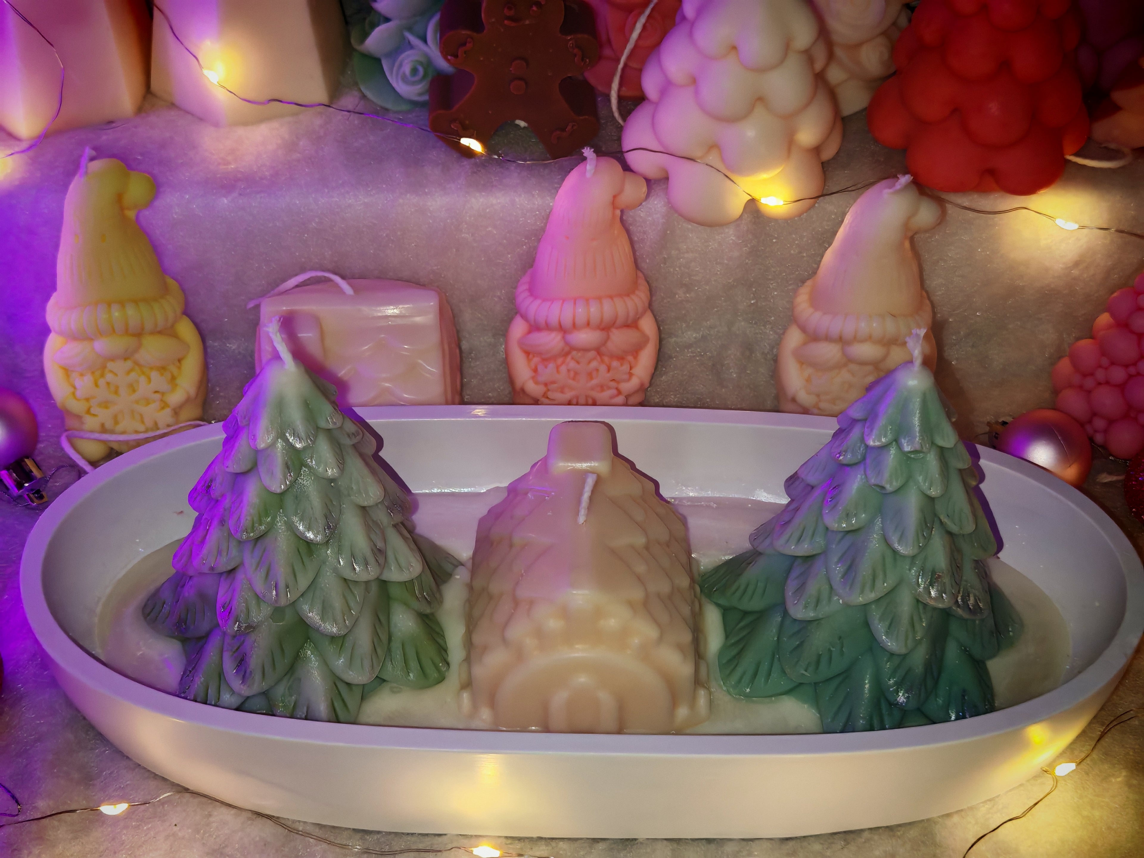 Christmas Village Candle Scene - Soy Wax Trees & Cottage in Ceramic Bowl