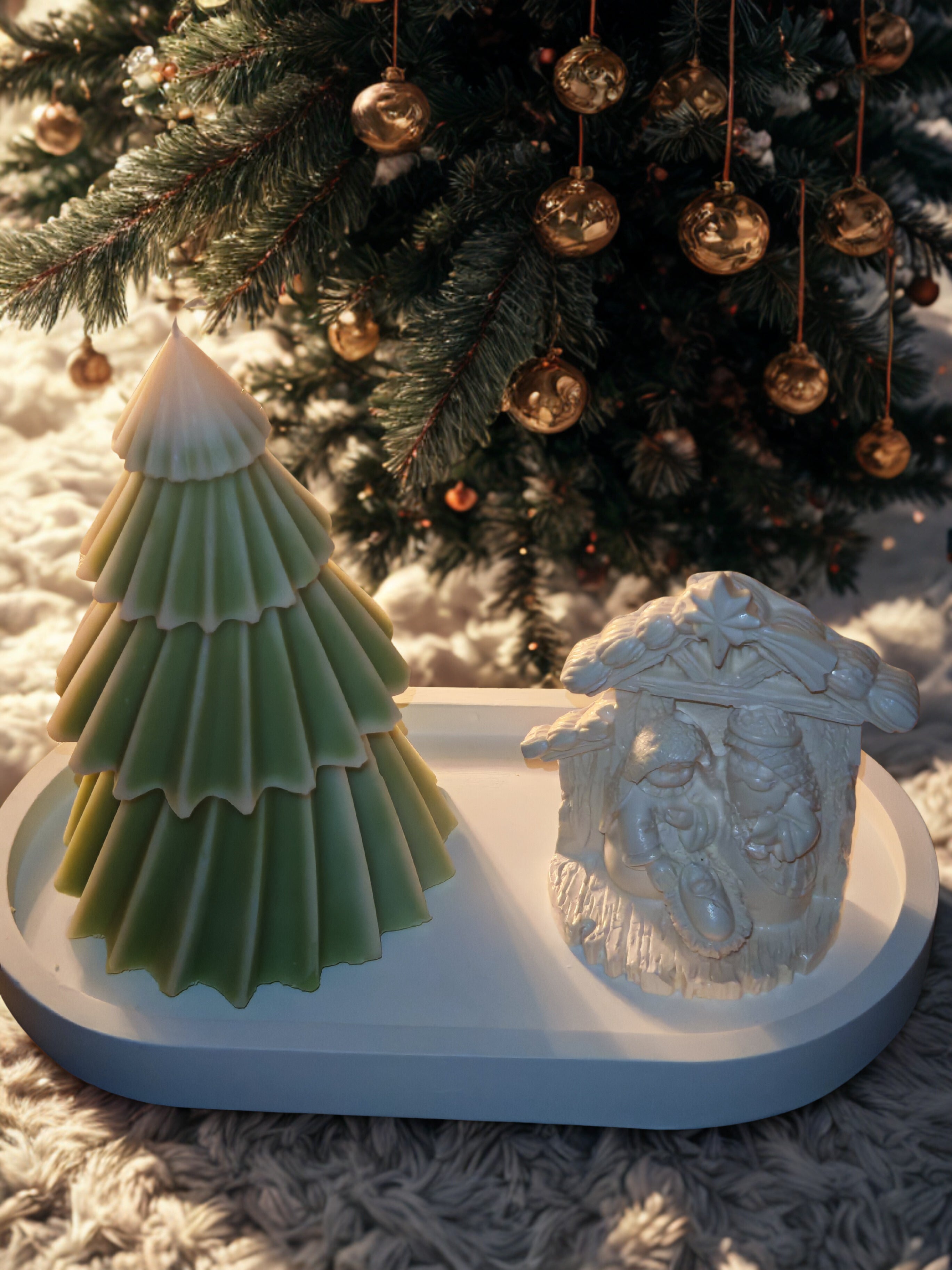Christmas Tree Candle &amp; Ceramic Nativity Set - Handmade Holiday Decoration