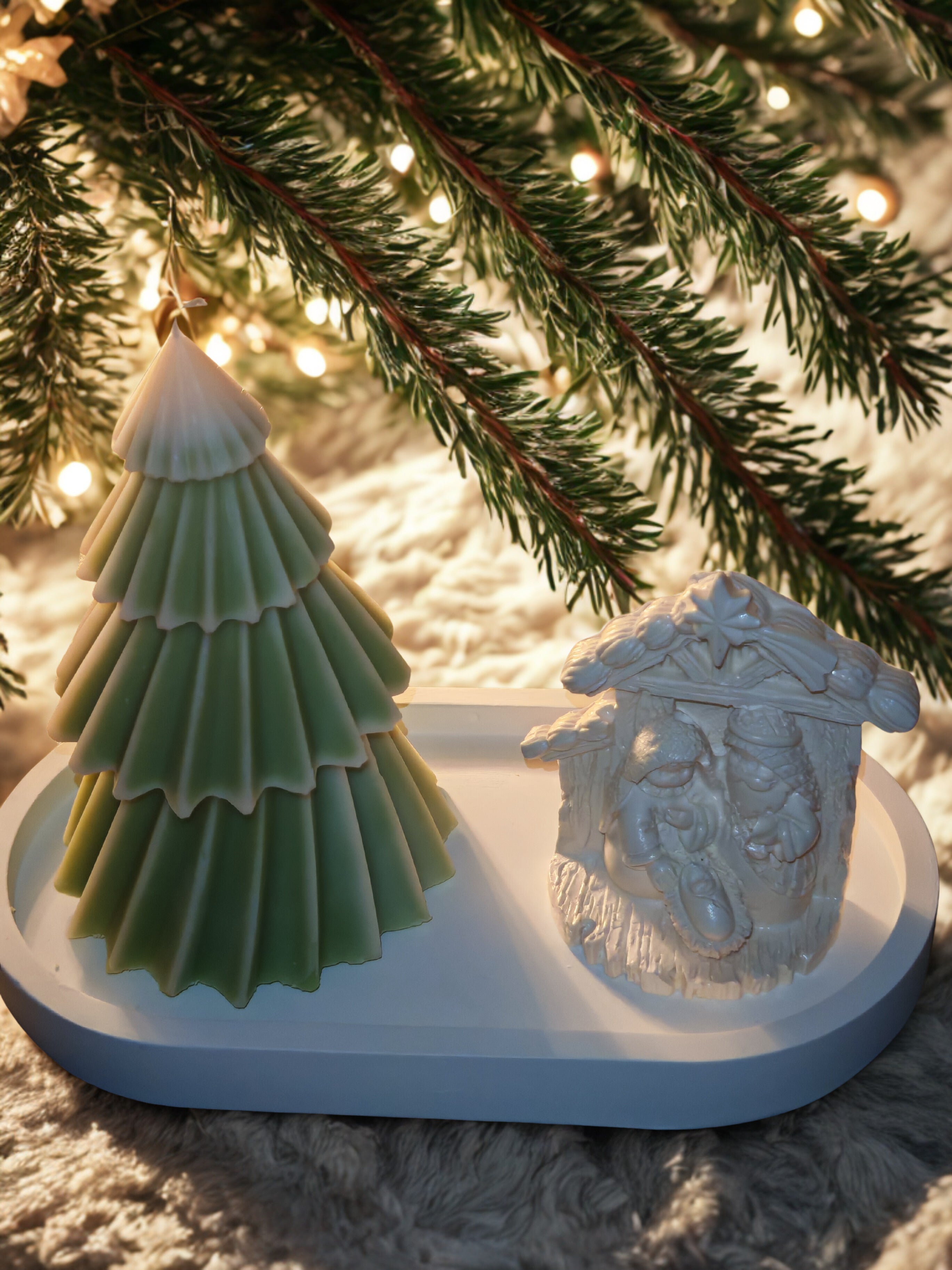 Christmas Tree Candle &amp; Ceramic Nativity Set - Handmade Holiday Decoration