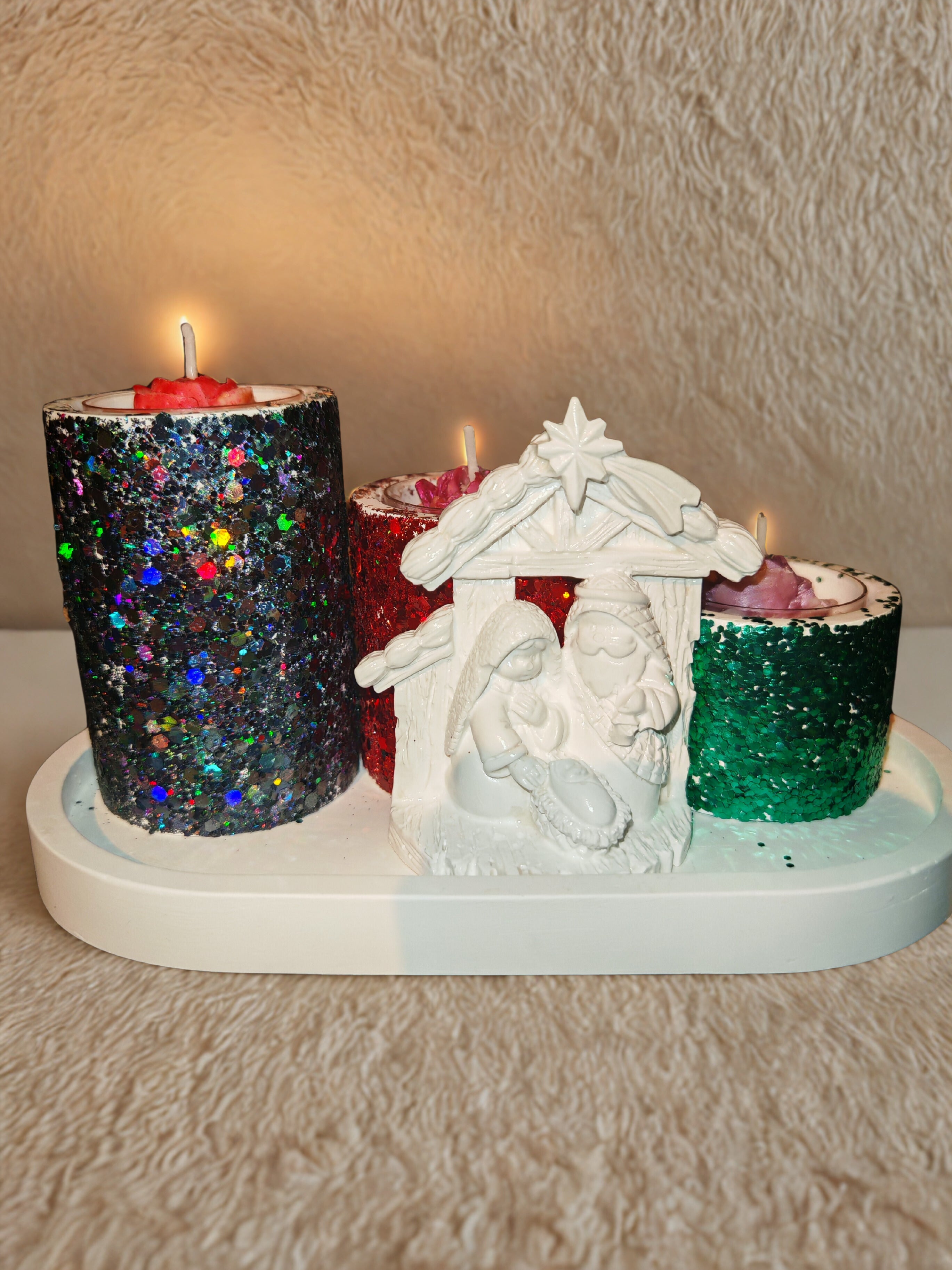 Christmas Nativity Tealight Holders on Ceramic Gypsum Tray