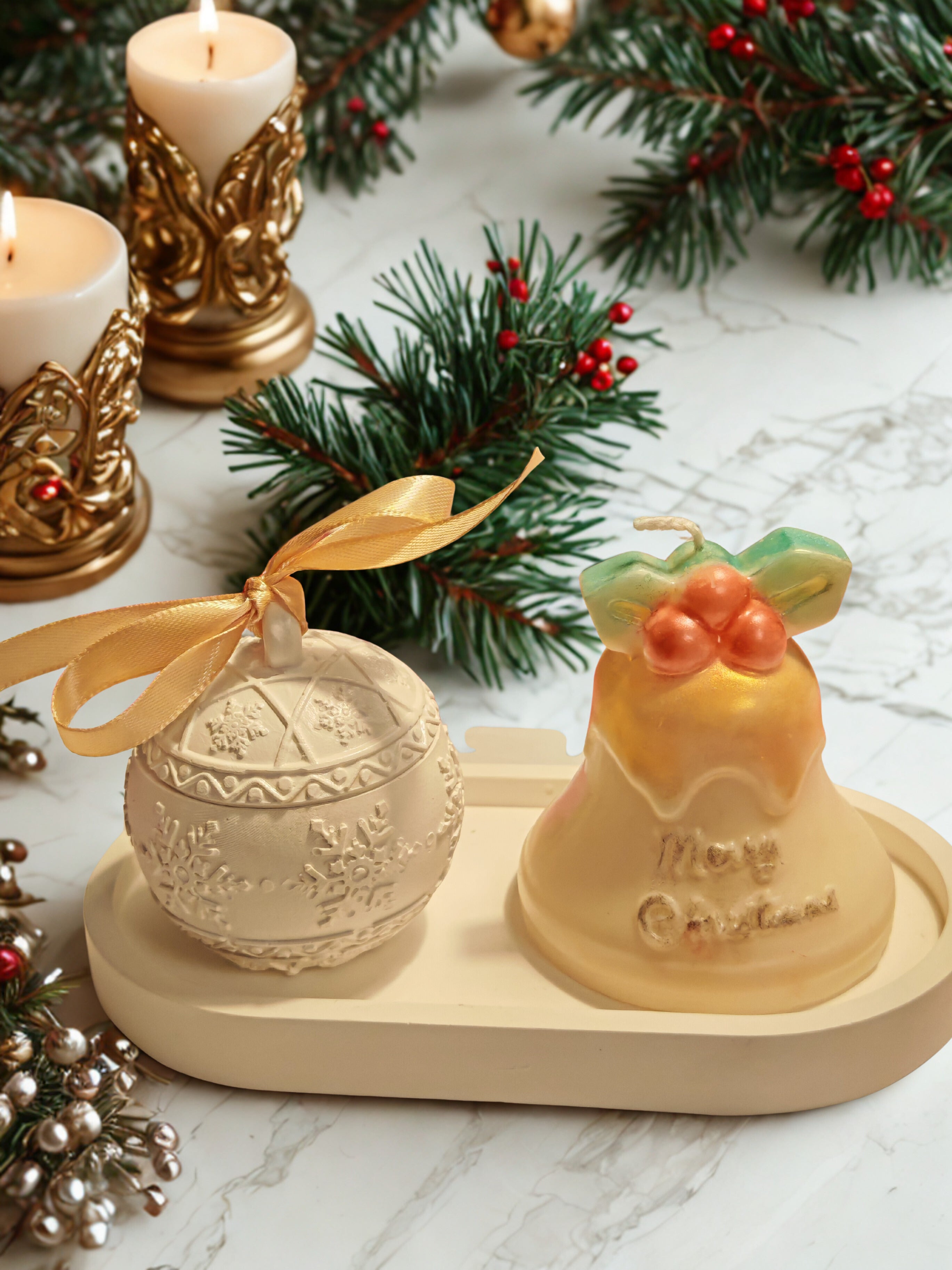 Christmas Bauble Candle in Ceramic Gypsum Ornament with Bell Candle and Tray
