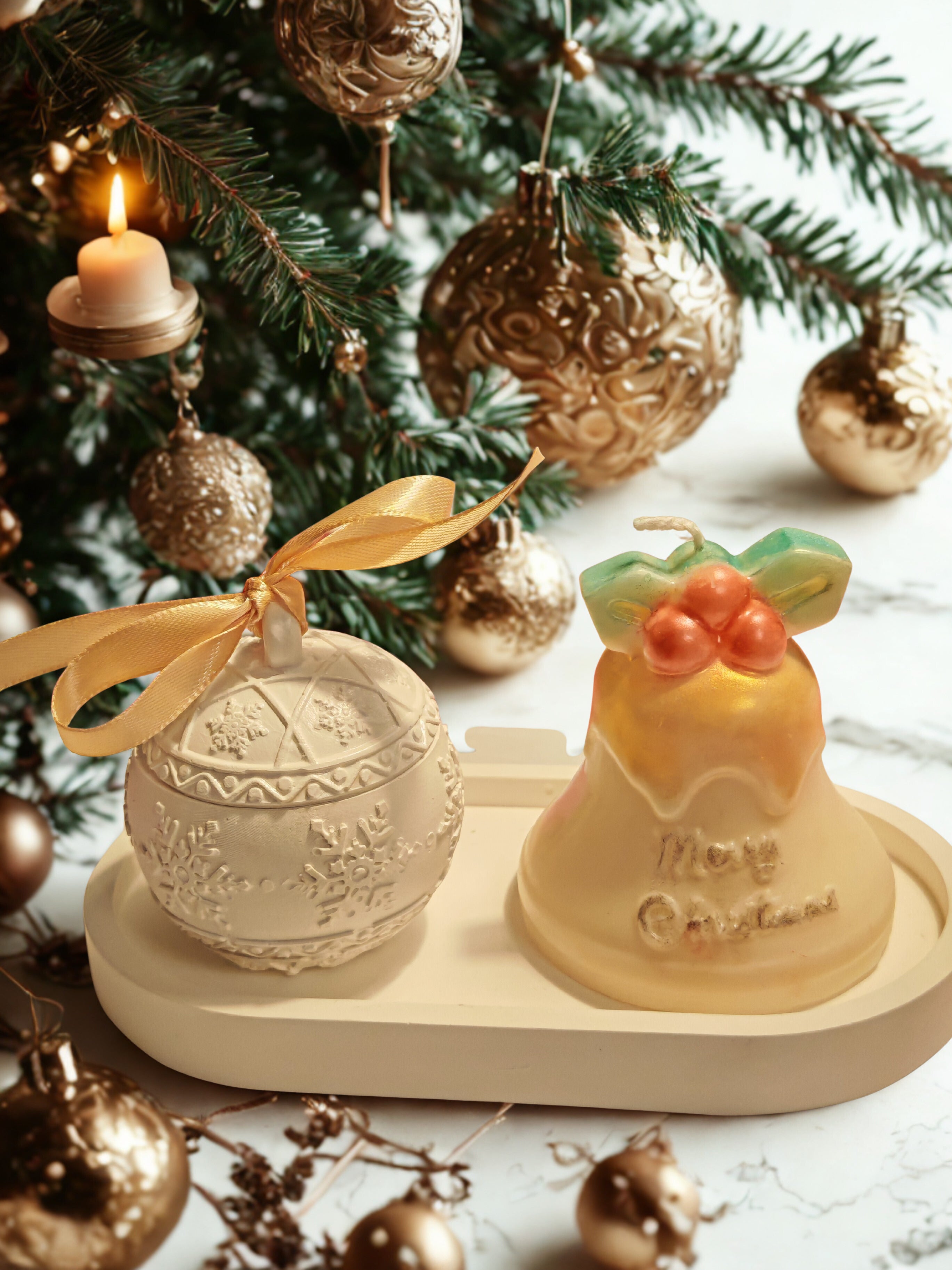 Christmas Bauble Candle in Ceramic Gypsum Ornament with Bell Candle and Tray