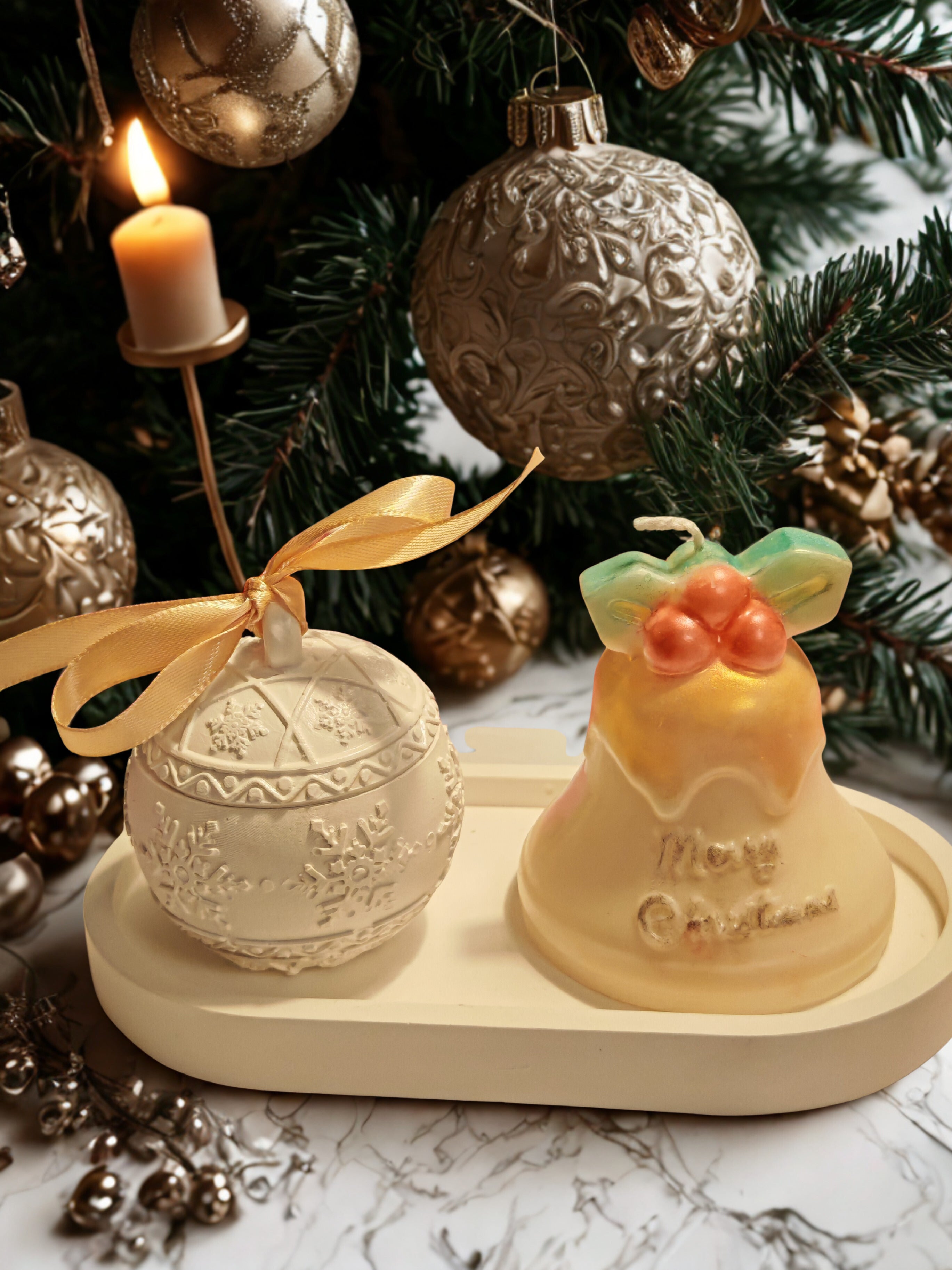 Christmas Bauble Candle in Ceramic Gypsum Ornament with Bell Candle and Tray