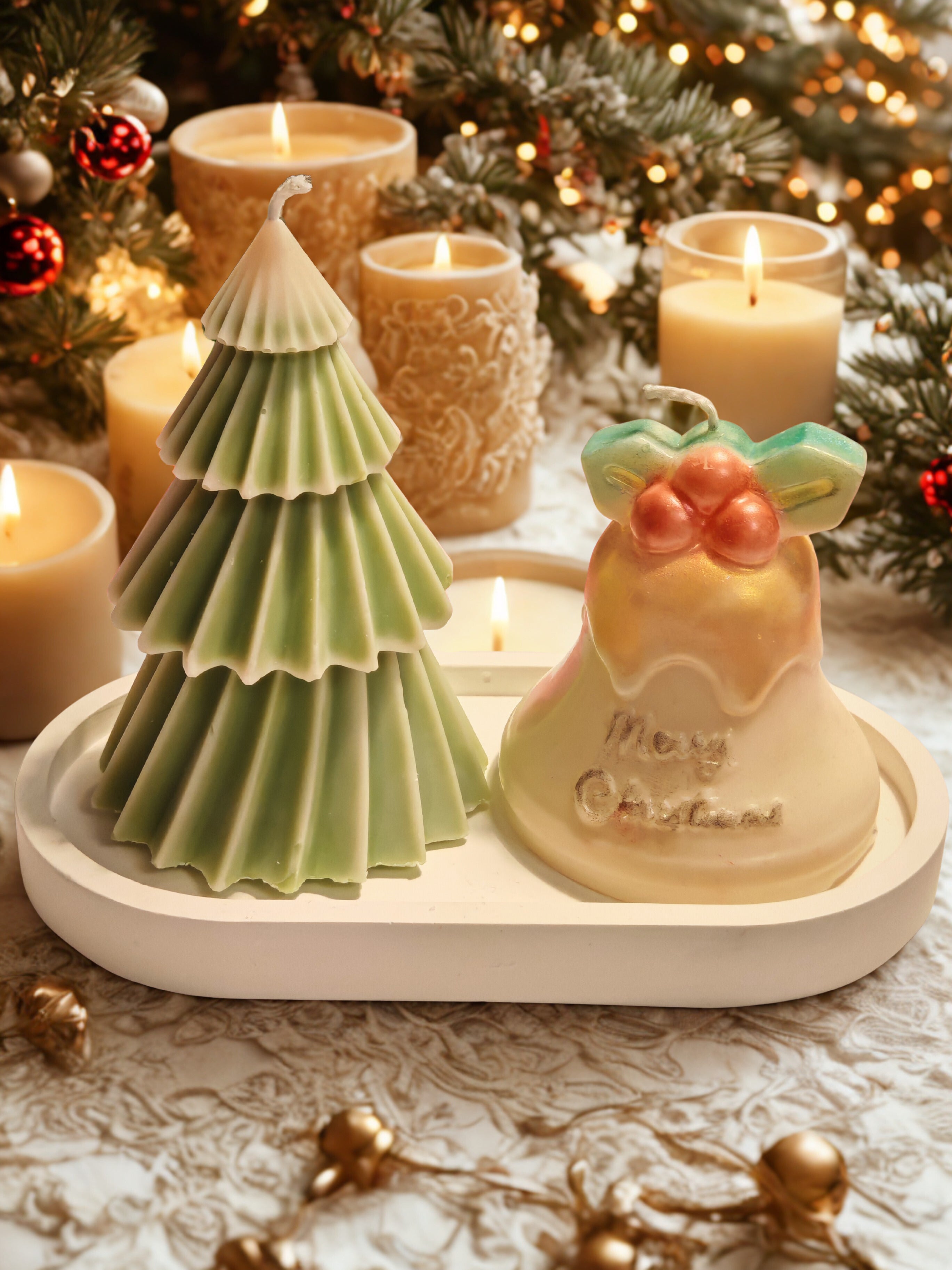 Christmas Tree Candle with Bell Candle Set on Decorative Tray