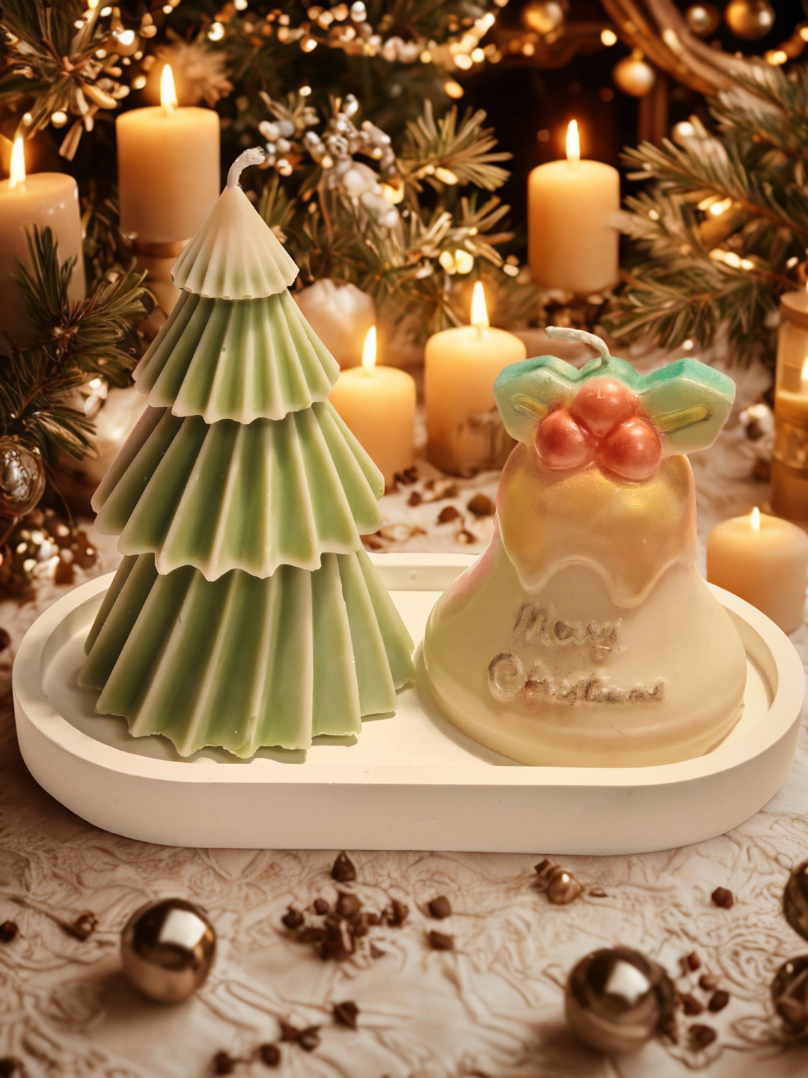 Christmas Tree Candle with Bell Candle Set on Decorative Tray