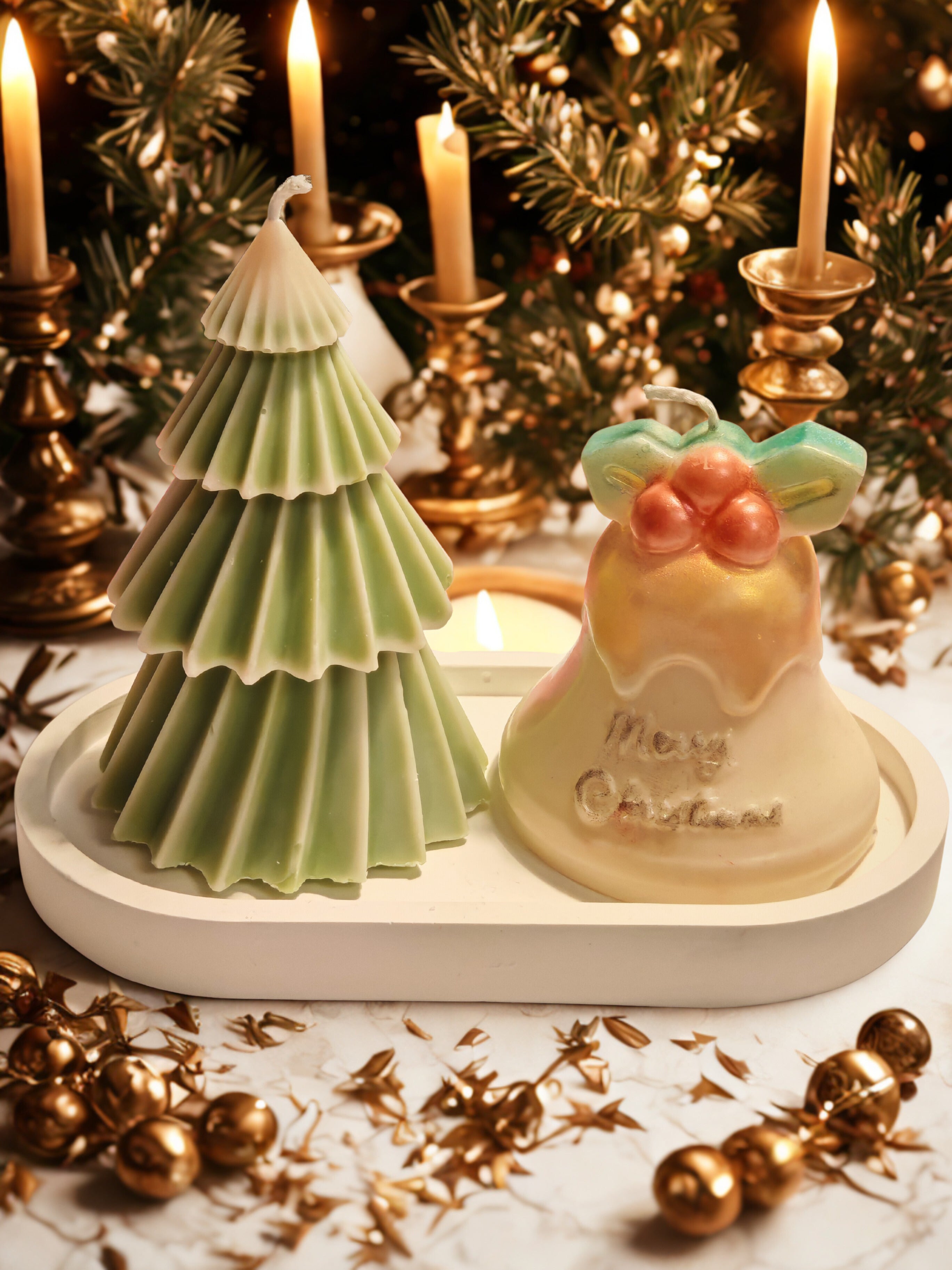 Christmas Tree Candle with Bell Candle Set on Decorative Tray