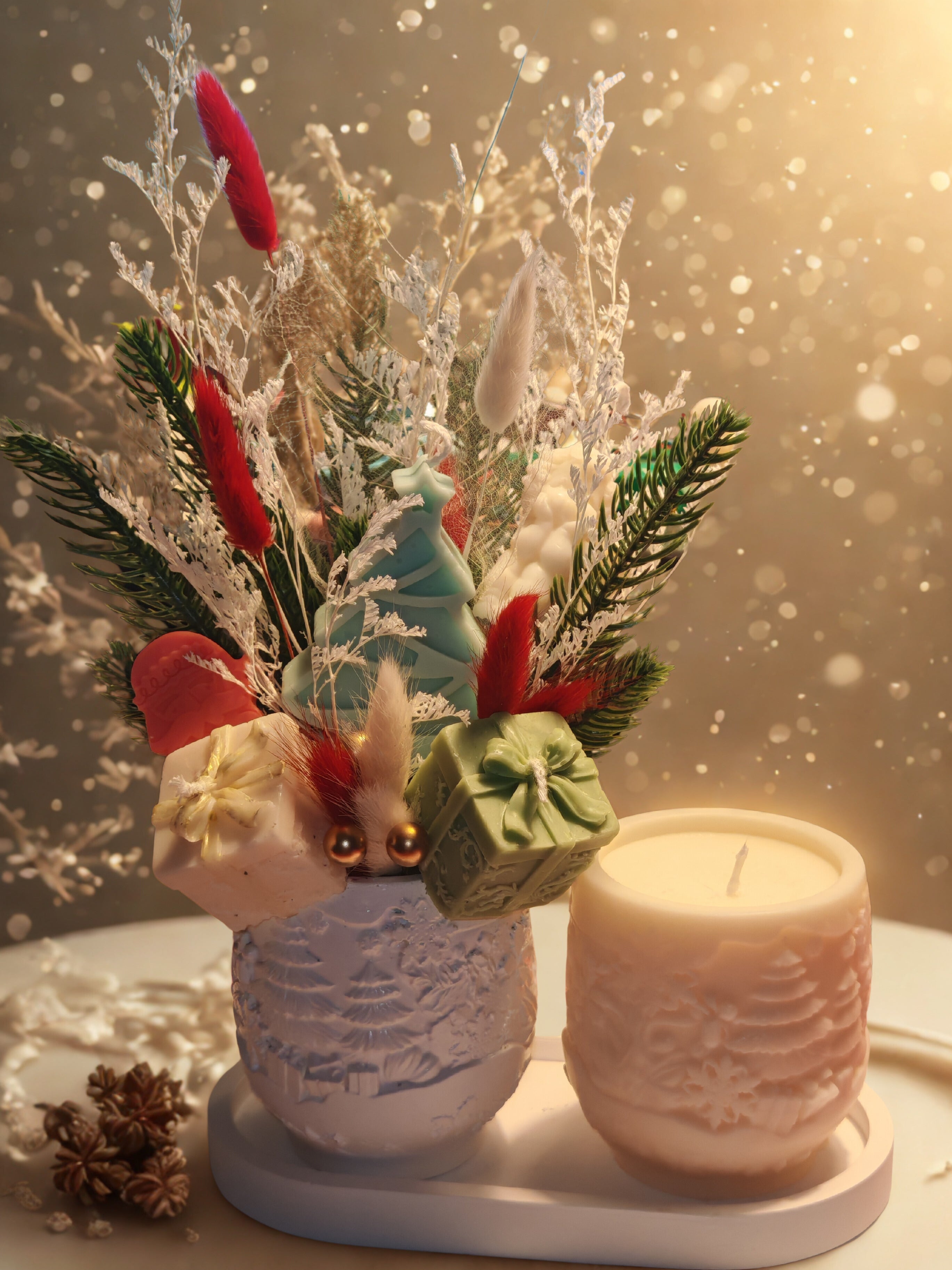 Christmas Decorative Bouquet with Ceramic Gypsum Vase and Matching Candle