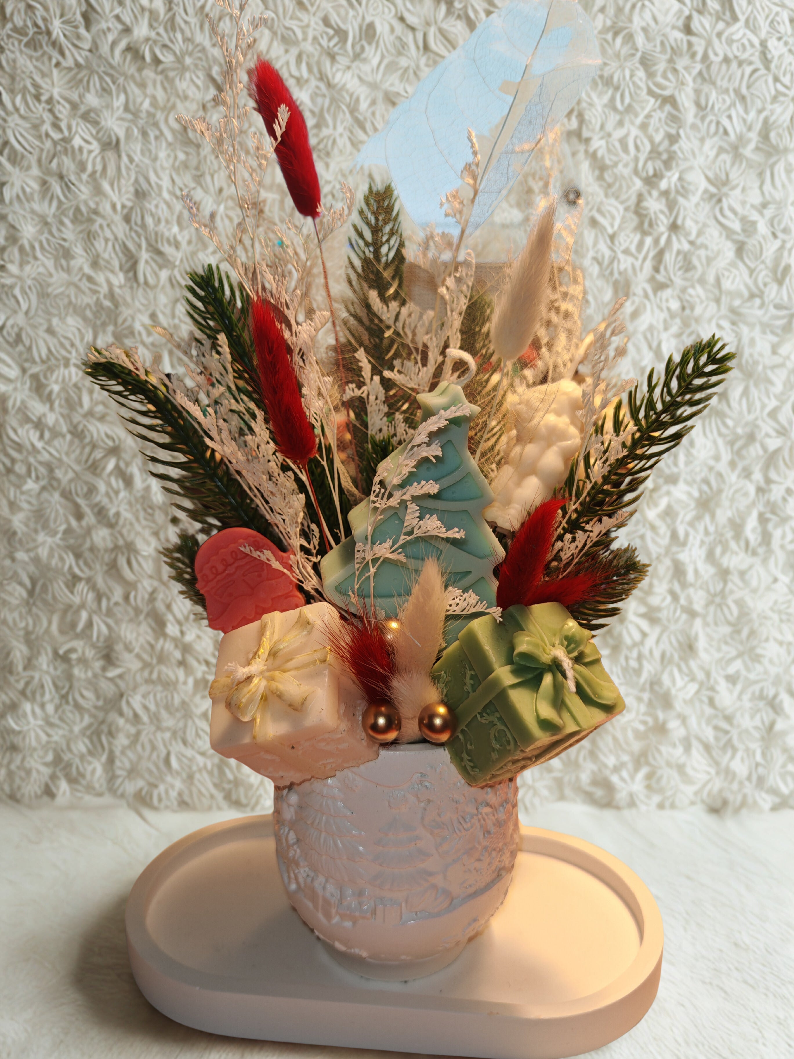 Christmas Decorative Bouquet with Ceramic Gypsum Vase and Matching Candle