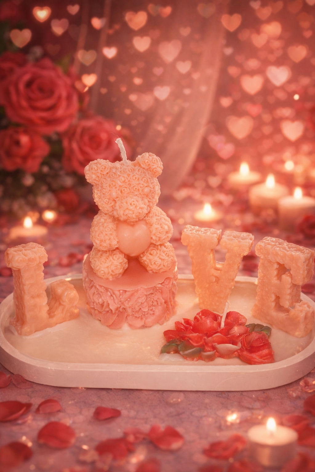 Decorative Love Tray Candle Set with Bear and Flowers