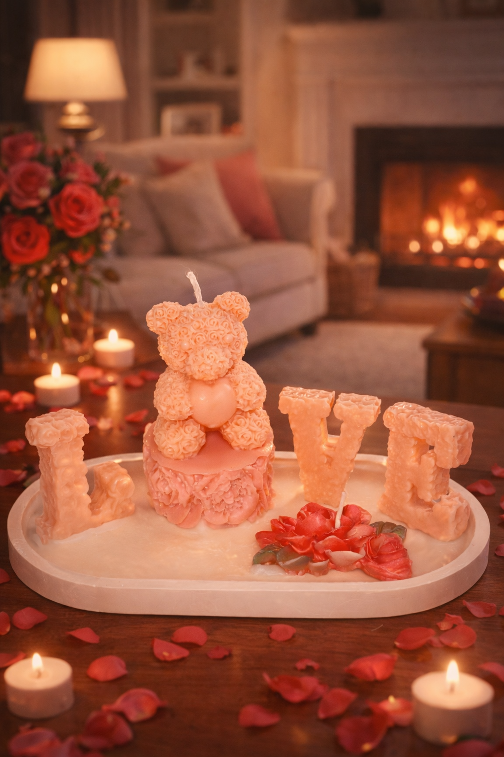 Decorative Love Tray Candle Set with Bear and Flowers