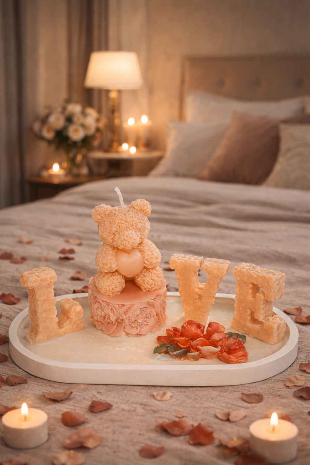 Decorative Love Tray Candle Set with Bear and Flowers