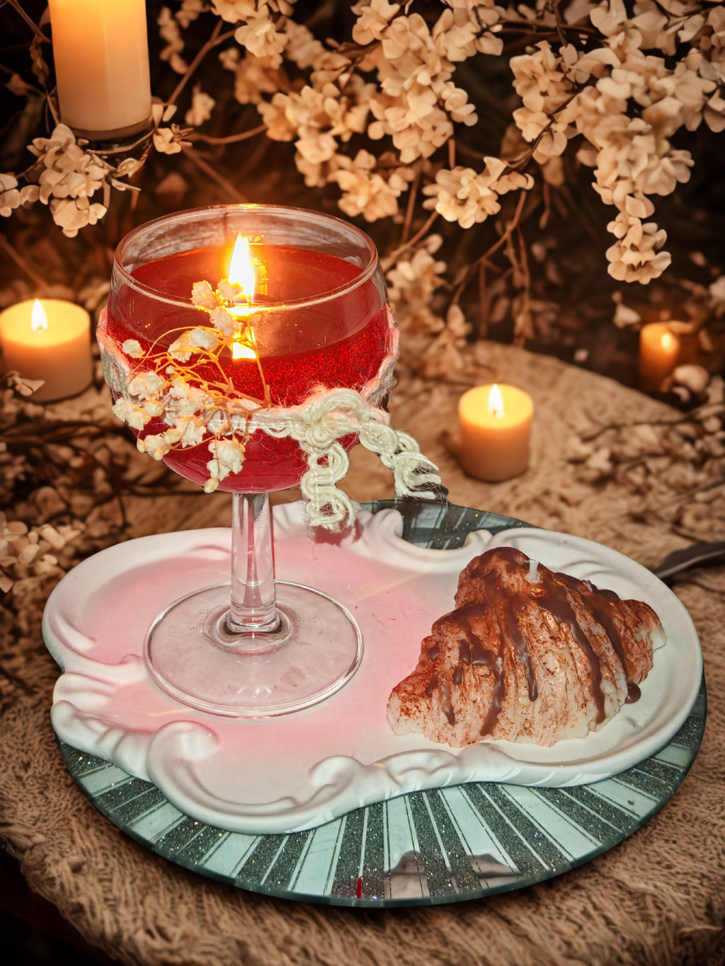 Festive Wine Glass and Croissant Candles