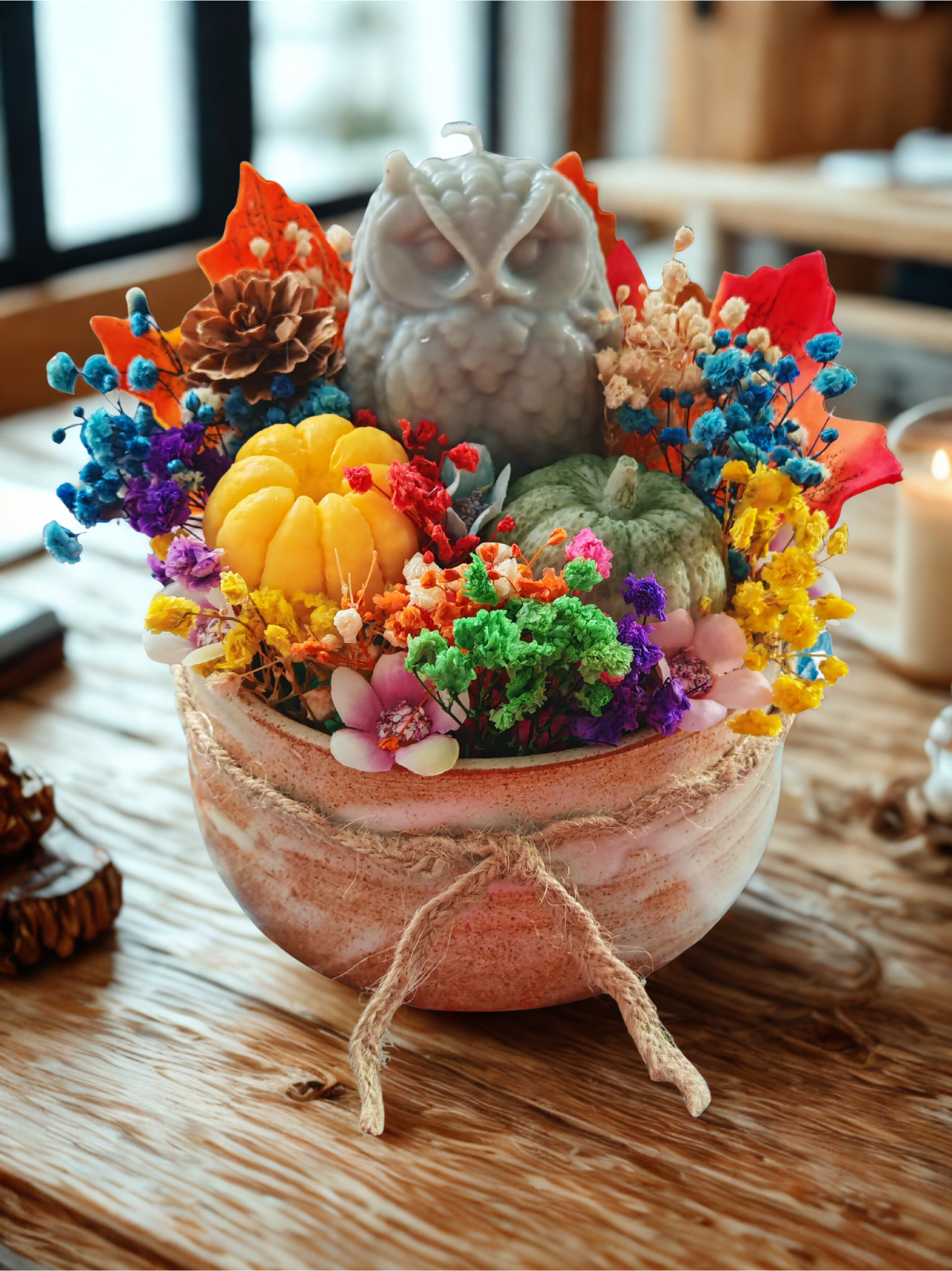 Autumn Owl Bouquet Candle in Ceramic Bowl