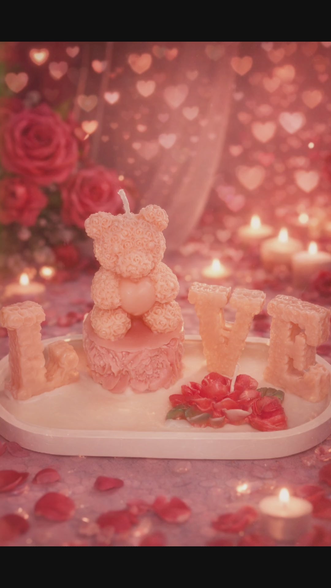 Decorative Love Tray Candle Set with Bear and Flowers