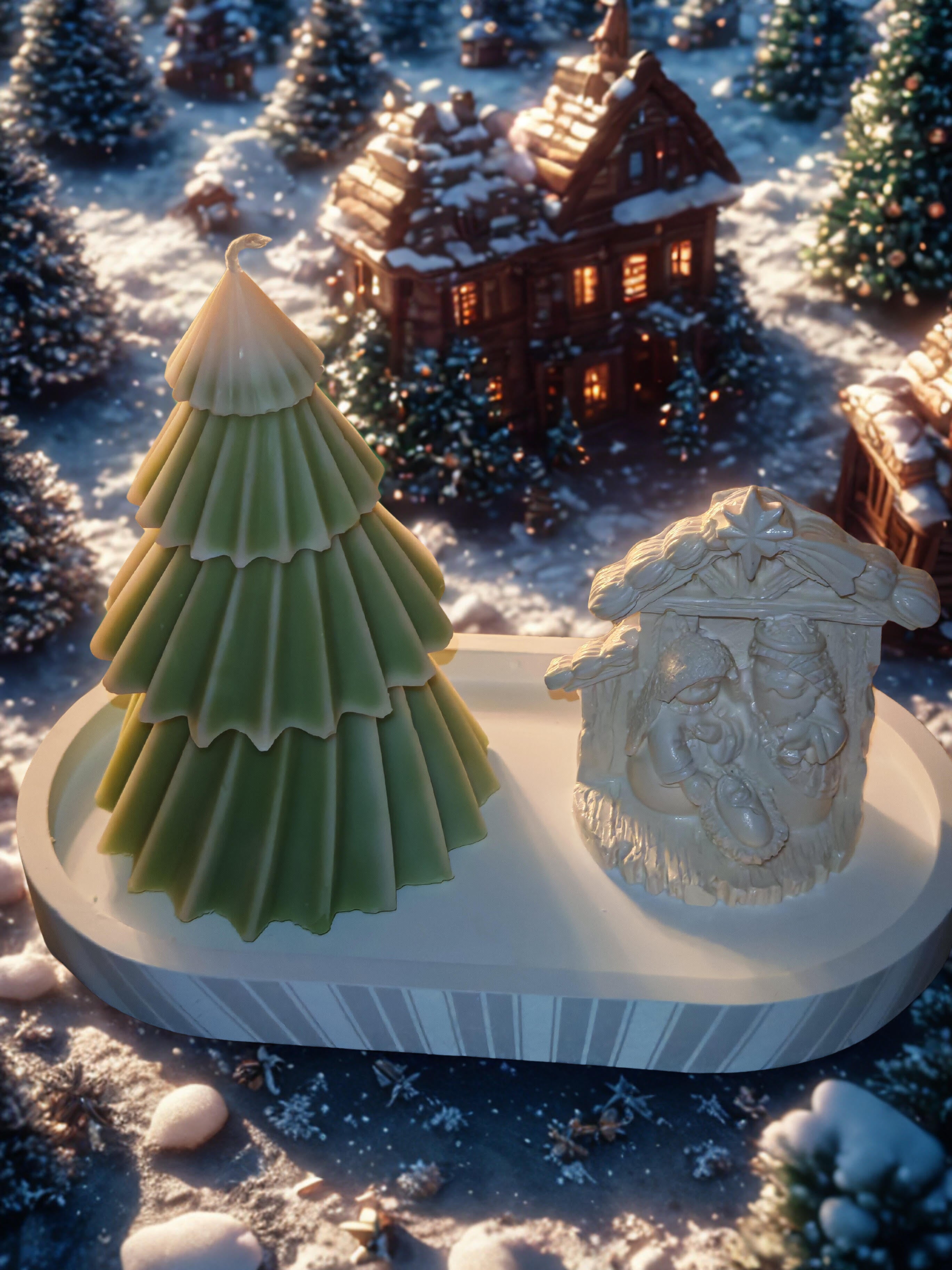 Christmas Tree Candle &amp; Ceramic Nativity Set - Handmade Holiday Decoration